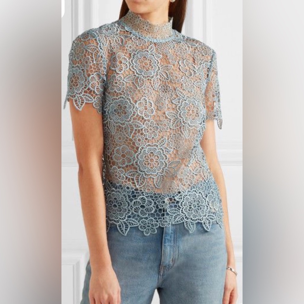 EUC Self Portrait blue lace top with open back.  Size 8